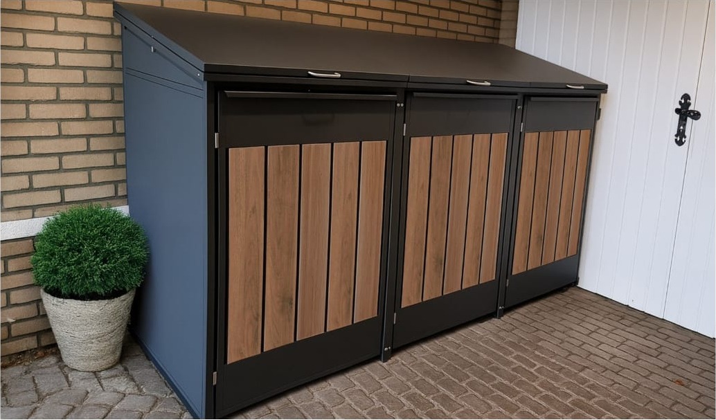 Steel bin store with three brown oak-effect doors and an anthracite finish